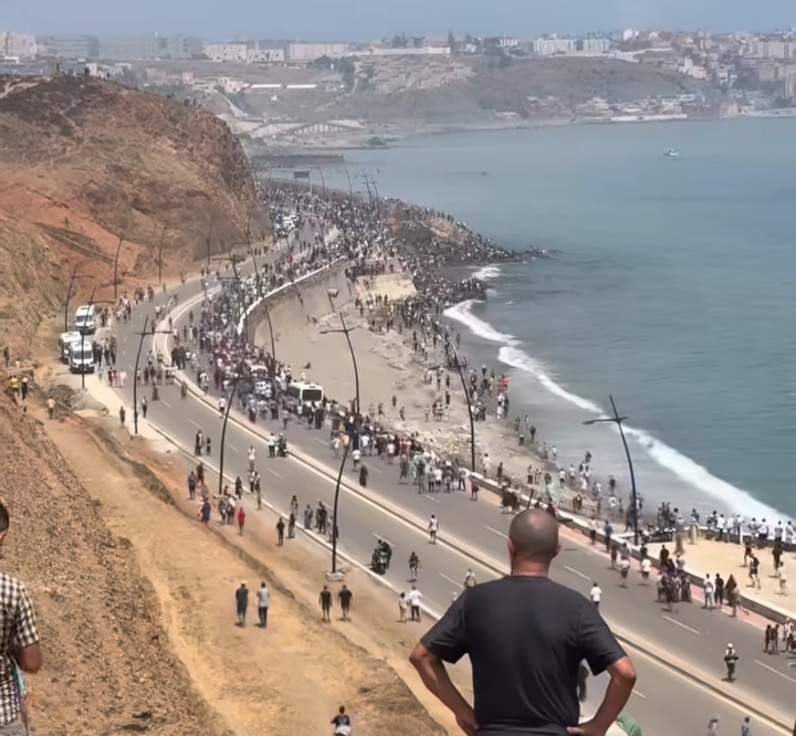 Spanish security forces patrolling the Ceuta border during migrant surge.