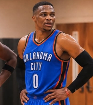 Russell Westbrook celebrating an NBA triple-double